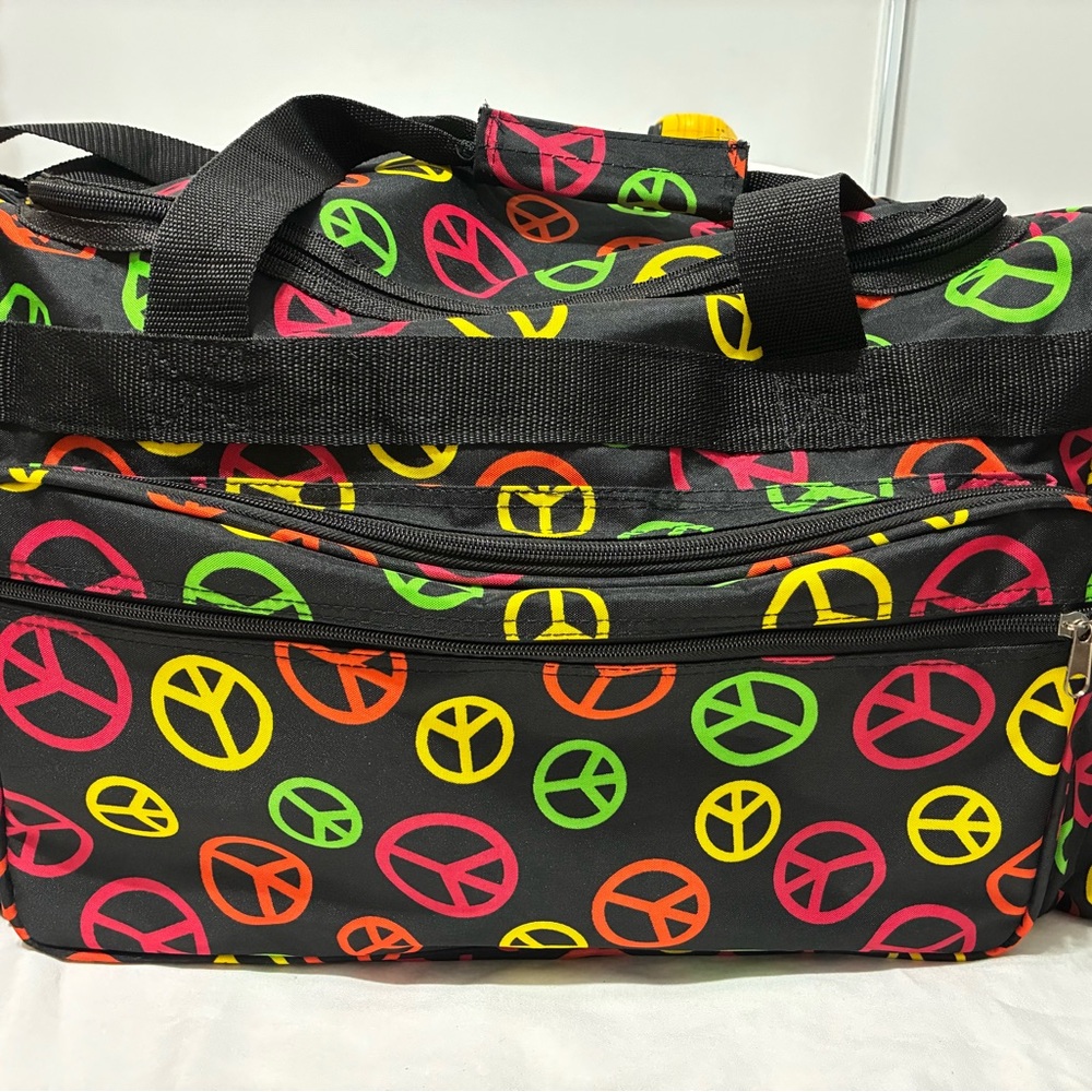 Super neat colorful duffel bag peace signs large bag lots pockets adj. strap